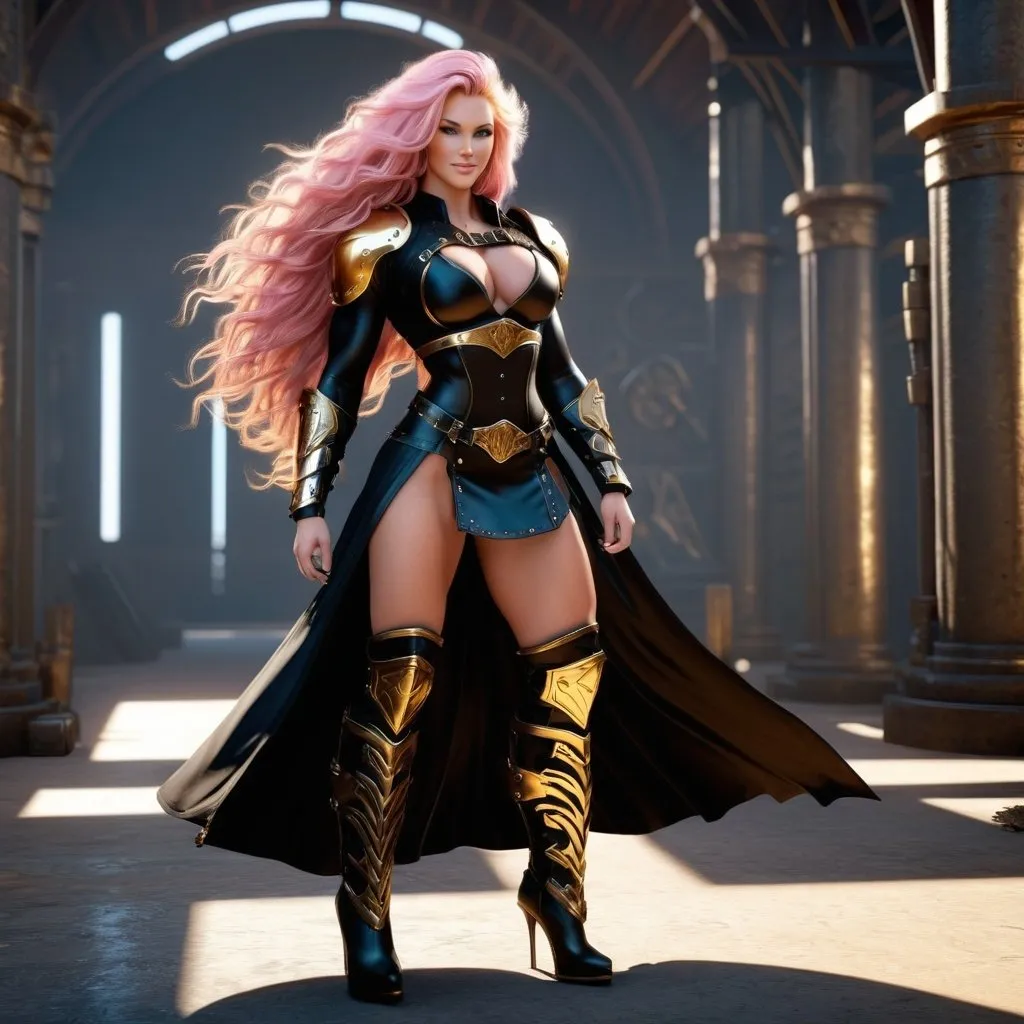 Prompt: Digital Art, gorgeous ultra-muscular 25-year-old viking goddess bodybuilder with huge busom and ridiculously long wavy pink hair, golden gear, black clothes, subtle smile, blue eyes, a black long-sleeve shirt, textured skirt down to knees, black pants, golden armor, 8 inch stiletto high heel boots, golden gear, unreal engine 64k octane, hdr, 3d lighting, full body, full armor