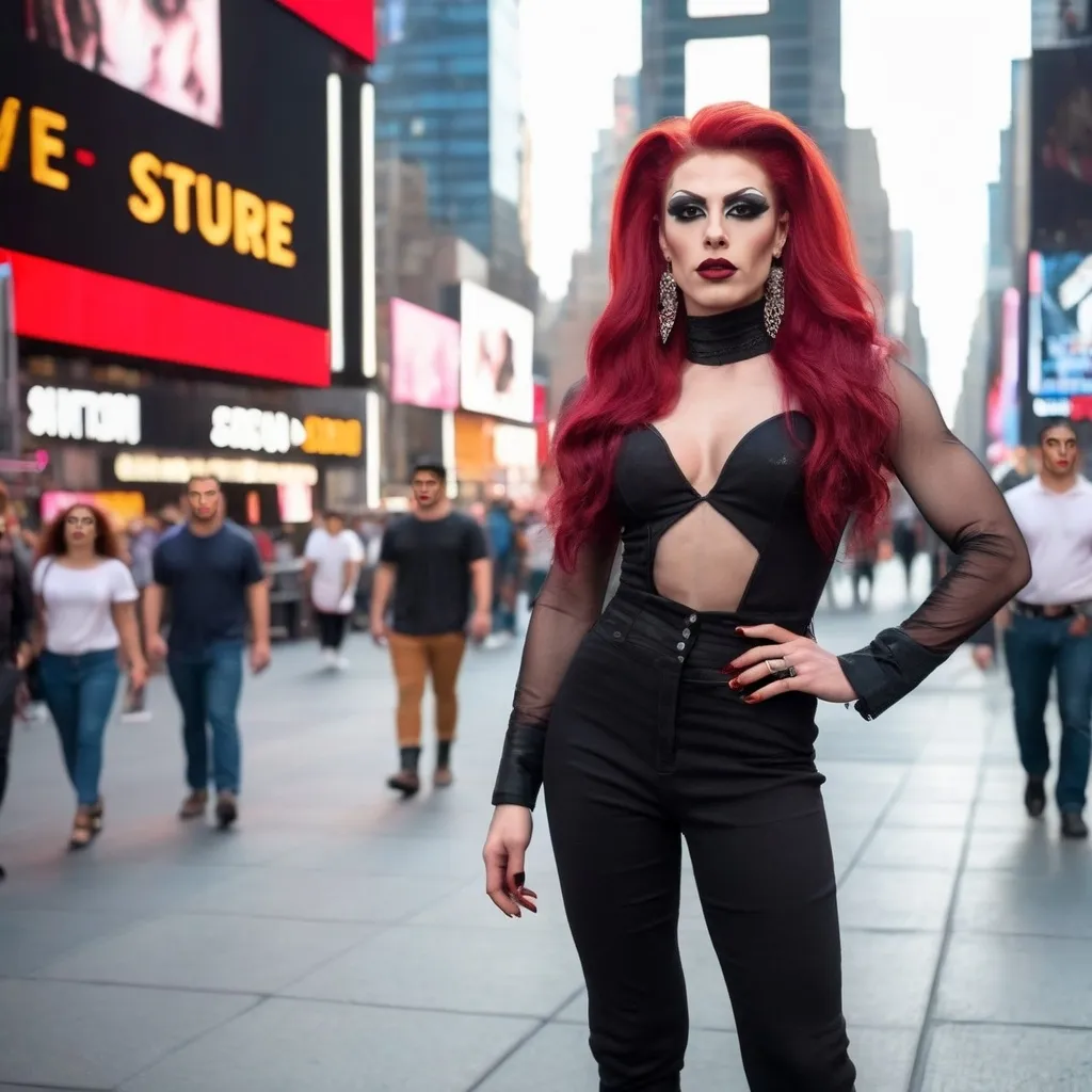 Prompt: Gorgeous muscular 25-year-old Czechian drag queen (masculine jawline and brow features) with long dark red hair wearing a mix of men's and women's clothes. 8 inch stiletto high heel shoes.  Dark eye makeup and dark lipstick.  Location: Time Square.