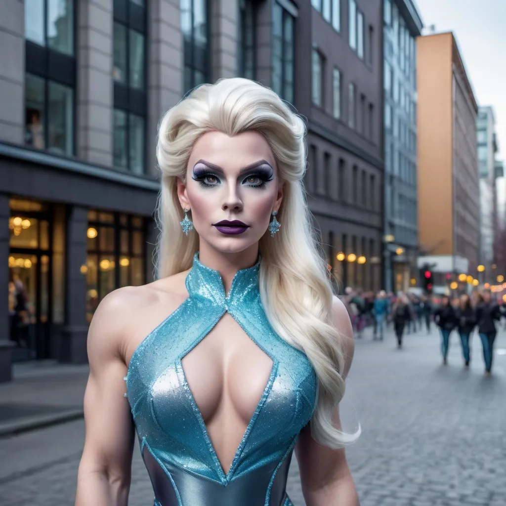 Prompt: Full body shot of a gorgeous muscular 25-year-old Finnish drag queen dressed as Elsa wearing dark eyeshadow and dark lipstick, in the city AI defined exquisitely beautiful, totally ultra realistic young adult drag queen, gorgeously detailed, well endowed, perfect body proportions, pale, ultra glamorous, perfect shading, impeccable contrast, HDR, UHD, high res, 64k