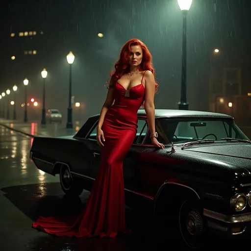 Prompt: ((In the style of film noir)) Jessica Rabbit live action played by a gorgeous ultra-muscular 35-year-old Polish drag queen bodybuilder, big busom, dressed in a sensual, form-fitting red gown, extremely long wavy red hair, illuminated by a dim streetlamp in a gritty, rain-soaked city. She leans against a vintage, black convertible, a cigarette holder delicately held between her fingers, the smoke enveloping her like a mysterious haze. In the background, shadows cast by towering skyscrapers create an ambiance of intrigue and danger.