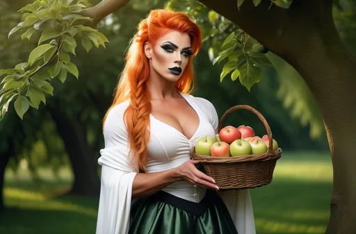 Prompt: 4k image, A serene image featuring a gorgeous ultra-muscular 25-year-old medeival drag queen bodybuilder with orange hair standing by a tree in a medeival attire, consisting of a white blouse, green shawl, and black skirt, holding a wicker basket with apples inside, set against lush greenery with a soft, dreamy quality.  we see a medeival village in the background and sunrise in the far back, Michelangelo's style, Digital Image