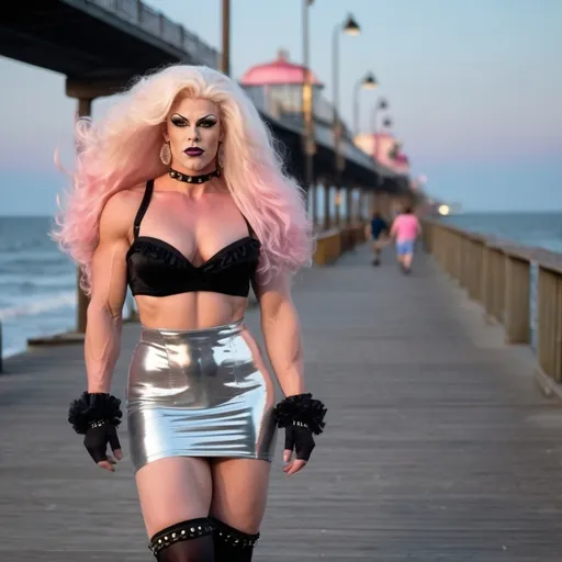 Prompt: 25 year old (caucasian) ultra-muscular Norse drag queen bodybuilder (masculine jawline and brow facial features) with huge busom, muscular figure, and ridiculously long wavy platinum pink hair (((blowing in the wind))), wearing a silver crop top, black frilly dress, black sheer nylon stockings, and 8 inch stiletto high heel shoes, walking on the boardwalk at twilight.