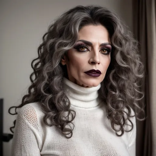 Prompt: (55-year-old Turkish genderfluid drag queen with long curly salt & pepper hair), wearing an olive long knitted white turtleneck shirt and skinny jeans, dark eye makeup, dark lipstick,  masculine jawline and brow, (close up,low angle shot ), inside a softly lit room, (white curtains gently swaying),  captured in an extremely detailed (oil painting style), (photorealistic), sunlight streaming through the woman  , she is looking out the window and  holding the curtains with her hands ,(artistic modeling pose) ,high resolution , detailed , bright colors