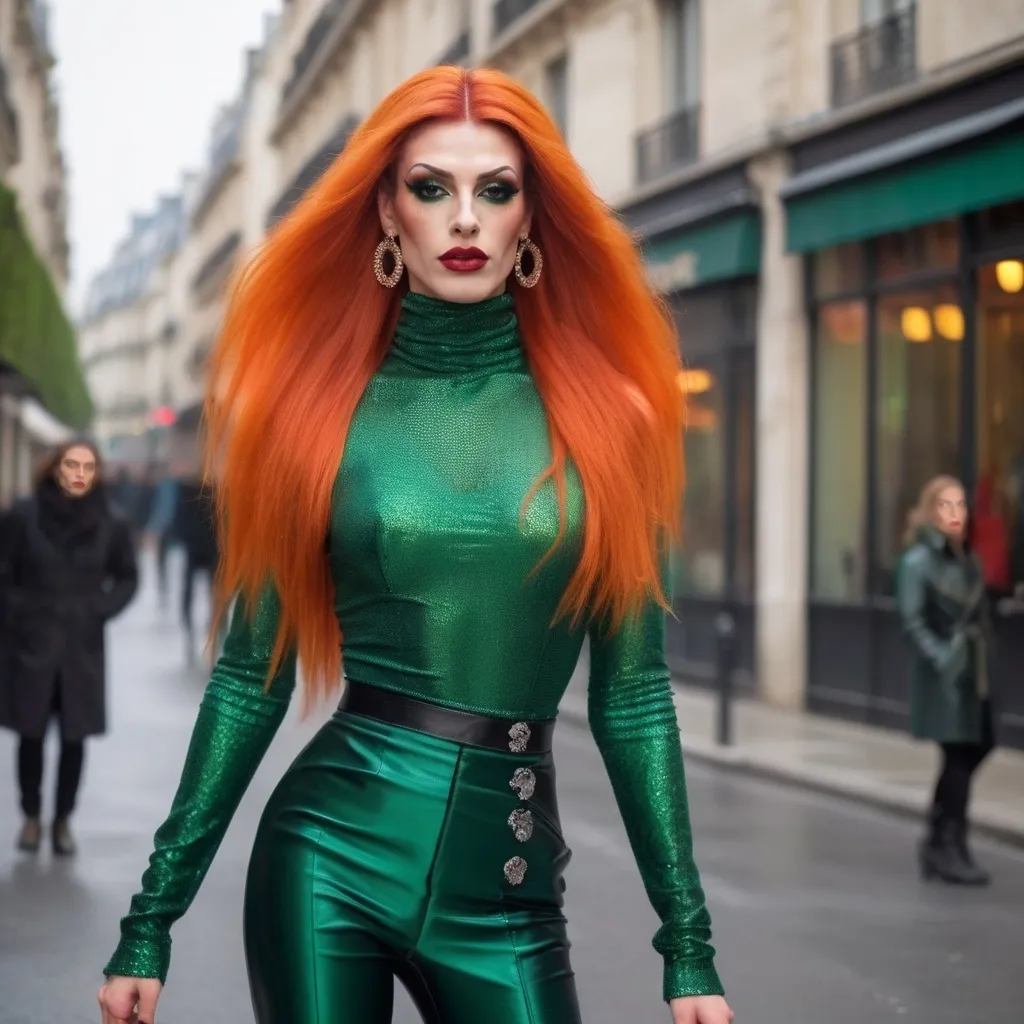 Prompt: Mysterious, Tall, gorgeous, muscular, 25-year-old French drag queen (masculine jawline and brow facial features) with long bright orange stylish hair, dark eyeshadow,  and dark red lipstick, wearing a beautiful green outfit and 8 inch stiletto red thigh-high stiletto high heel boots, walking the streets of Paris on a foggy evening.