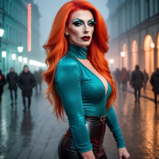 Prompt: Mysterious, Tall, gorgeous, muscular, 35-year-old Polish drag queen with long bright orange stylish hair, dark eyeshadow,  and dark red lipstick, wearing a beautiful teal outfit and 8 inch stiletto red thigh-high stiletto high heel boots, walking the streets of Warsaw on a foggy evening.