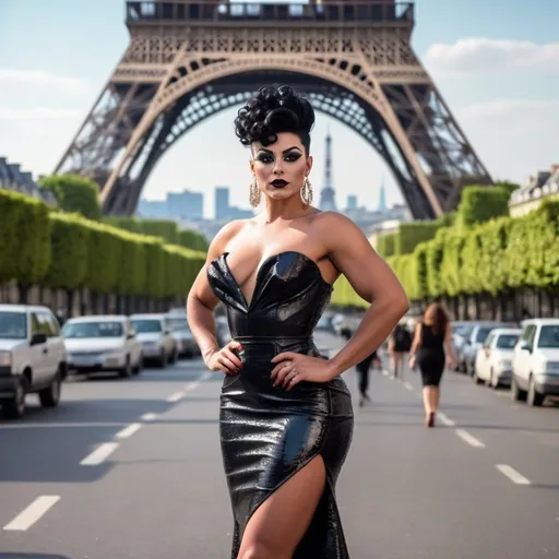 Prompt: Photo of a gorgeous muscular 25-year-old French drag queen bodybuilder with black curly updo hair, dark eyeshadow,  dark lipstick, and huge busom, wearing a summer sundress and 8 inch stiletto high heels, fierce expression, standing on an Parisan street and the iconic Eiffel Tower in the background provide a vibrant, cinematic backdrop.  High-resolution camera with Canon EOS R3 and RF 85mm f/1.2 lens captures