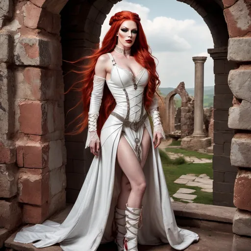 Prompt: realistc, Full body, (Hot red-headed drag queen mistress), long braided red hair, gorgeous strong face (strong masculine jawline and brow features), long white leather medieval fantasy dress, with straps and lace, stunning high heels, dominant stance, looking over shoulder, set between ancient ruins, magical spells in the air