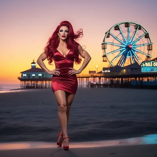 Prompt: Hi-res, 8k hd, Full body photography, Gorgeous tall muscular Bulgarian drag queen, 25 years old, ultra-long straight dark red hair (((blowing in wind))), lean athletic muscles, crystal blue eyes, lean muscular legs, muscular physique, dark smoky eyeshadow, dark red lipstick, smiling, short yellow cotton sundress, 8 inch stiletto high heel shoes, standing in front of the Santa Monica Pier at dusk, 8k photo, elegant, stylish, detailed features, highres, natural lighting, vibrant colors. Full length photography, full body photography. Ultra-detailed,  ultra-realistic.