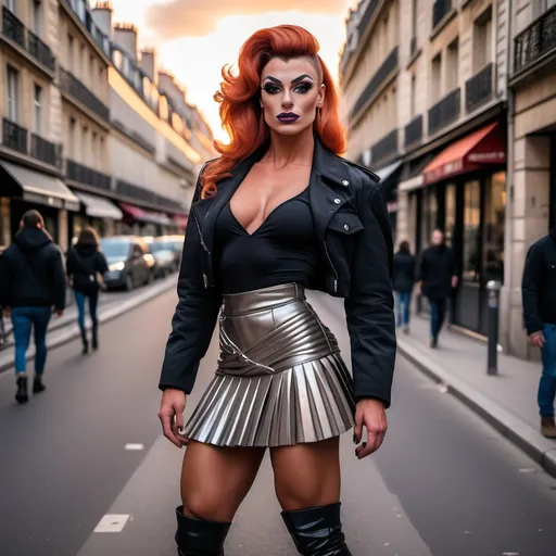 Prompt: Front view of an 27-year-old, muscular, gorgeous French drag queen bodybuilder (very strong masculine jawline and brow features) wearing a pleated mini skirt, coset jacket and 8 inch stiletto high heel calf-high boots. Hanging out on the streets of paris at sunset..