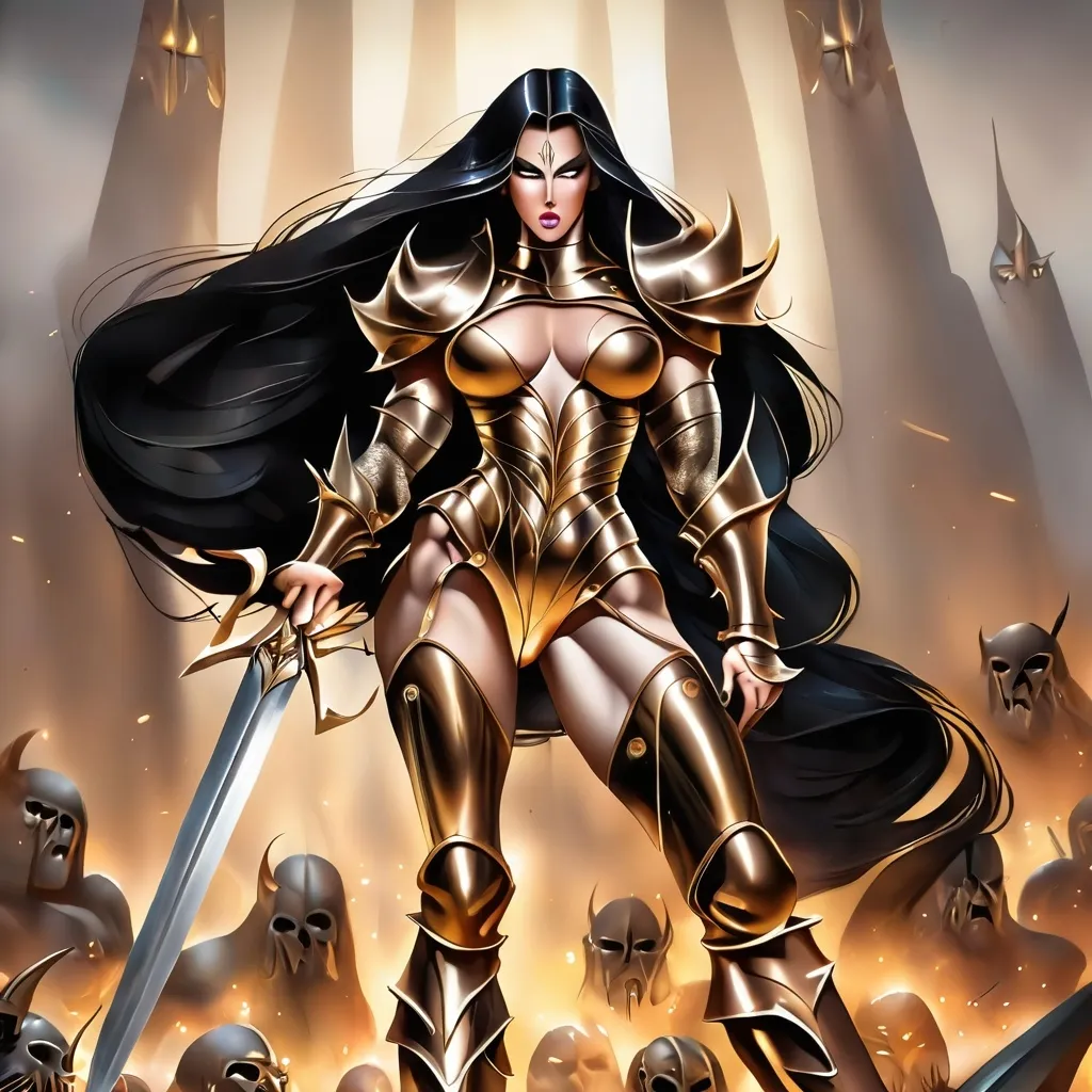 Prompt: Gorgeous ultra-muscular 25-year-old Baltic drag queen bodybuilder Warlord with large busom and long black shiny hair, wearing gold and bronze armor, 8 inch stiletto high heel armored boots, and carrying a golden longsword into a battle with demons.