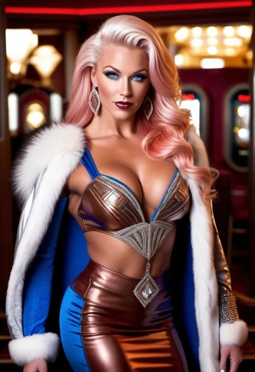 Prompt: Gorgeous ultra-muscular 25-year-old Finnish goddess bodybuilder with huge busom and long pink hair, intricate diamond-shape face, blue eyes, silver jewelry, red bolero jacket with bronze and fur trim, bronze leather bustier & pencil skirt with red trim, long shapely legs, Bronze 8 inch stiletto high heel boots, Art Deco casino, 8k photo, stylish, elegant, detailed facial features, art deco, luxurious setting, professional lighting, high quality, detailed clothing, glamorous atmosphere, bosomy physique