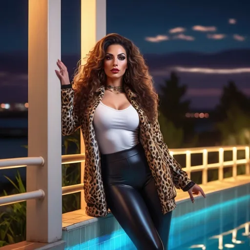 Prompt: 4k, high resolution, digital painting, professional, detailed features, night park scene, illuminated pool ,safety railing, gorgeous muscular 35-year-old Tunisian drag queen leaning against railing,
Long dark curly hair , leopard printed jacket , white turtleneck , black leggings ,
 illuminated water, 
lights, atmospheric lighting, confident pose 