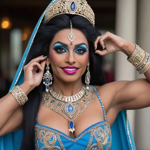 Prompt: A gorgeous muscular 25-year-old Indian British drag queen bodybuilder with large busum and a stunning and confident appearance. She has a radiant smile on her face, exuding charm and positivity. Her attire is a traditional outfit in a vibrant blue color, richly detailed with intricate embroidery and embellishments. Her long, silky black hair cascades down her back, framing her beautiful face. Her large, expressive eyes, adorned with subtle makeup, draw attention with their mesmerizing depth. Her sharp, clear masculine facial features are illuminated in soft, flattering light, showcasing every detail with clarity. Her well-toned, graceful physique resembles that of a goddess, reflecting both strength and elegance. The background is softly blurred to emphasize her presence and create a captivating focus on her beauty and aura