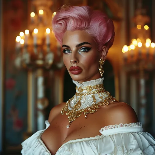 Prompt: a gorgeous ultra-muscular 25-year-old Czechian drag queen bodybuilder in a white dress and gold jewelry, short sassy pink hair dark eye shadow and dark red lipstick, and a chandelier with candles in the background, Annie Leibovitz, romanticism, elegance, a still life