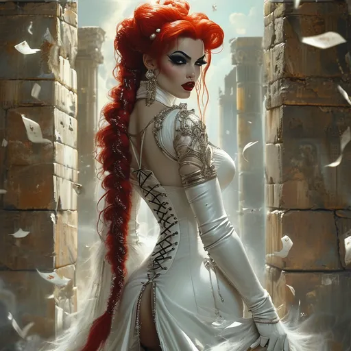 Prompt: realistc, Full body, (Hot red-headed drag queen mistress), long braided red hair, gorgeous strong face (strong masculine jawline and brow features), long white leather medieval fantasy dress, with straps and lace, stunning high heels, dominant stance, looking over shoulder, set between ancient ruins, magical spells in the air