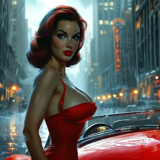 Prompt: ((In the style of film noir)) Jessica Rabbit live action played by a gorgeous ultra-muscular 45 years old Czechian goddess bodybuilder, dressed in a sensual, form-fitting red gown, illuminated by a dim streetlamp in a gritty, rain-soaked city. She leans against a vintage, black convertible, a cigarette holder delicately held between her fingers, the smoke enveloping her like a mysterious haze. In the background, shadows cast by towering skyscrapers create an ambiance of intrigue and danger.