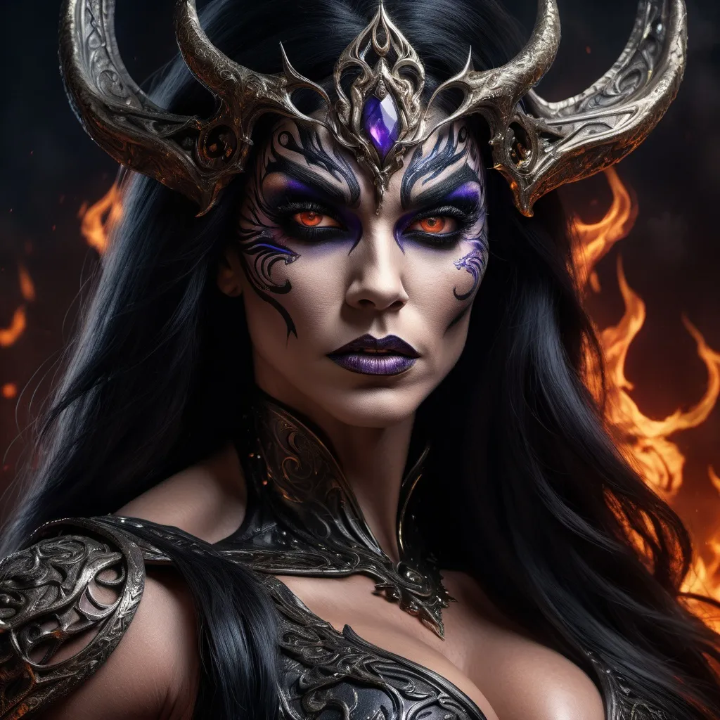 Prompt: In a stunningly detailed 8K cinematic painting, a malevolent drag queen enchantress bodybuilder exudes power and malice through her fiery eyes in a high fantasy realm. Her dark sorcery mastery is evident in her regal yet ominous presence, with flowing ebony hair and intricate, sinister attire that accentuates her commanding presence. The photorealistic depiction captures every intricate detail, from the intricate patterns on her robes to the eerie glow of her magical aura, drawing viewers into a realm of dark and dangerous beauty.