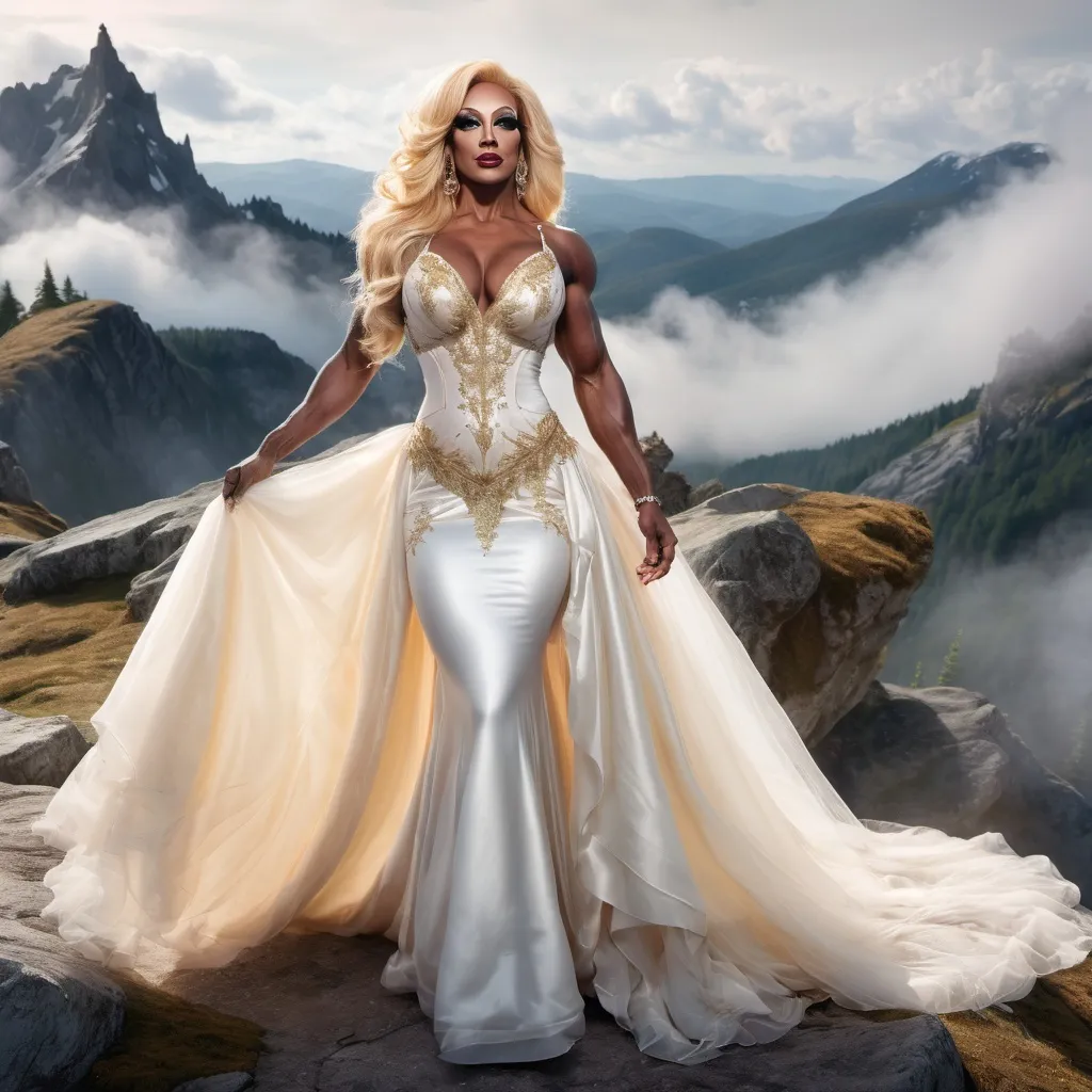 Prompt: (A full body image)A gorgeous muscular 35-year-old French drag queen bodybuilder (big busom, dark eyeshadow, dark lipstick, long flowing golden blonde hair) wearing an ivory wedding gown on the top of an high mountain. surreal  with mist
Dreamy, mythical, fairyland-like, soft and romantic
Splash art, hyper detailed, ultra realistic, highly detailed. Perfect studio lighting, perfect shading, impeccable contrast, HDR, UHD, high res, 64k