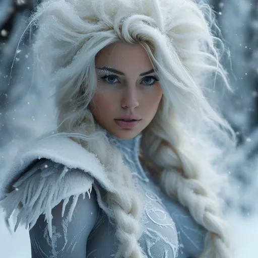 Prompt: Snow swirling, creating a gorgeous Ice goddess with muscular physique, well endowed, and ridiculously long icy hair, minimalistic, sleek