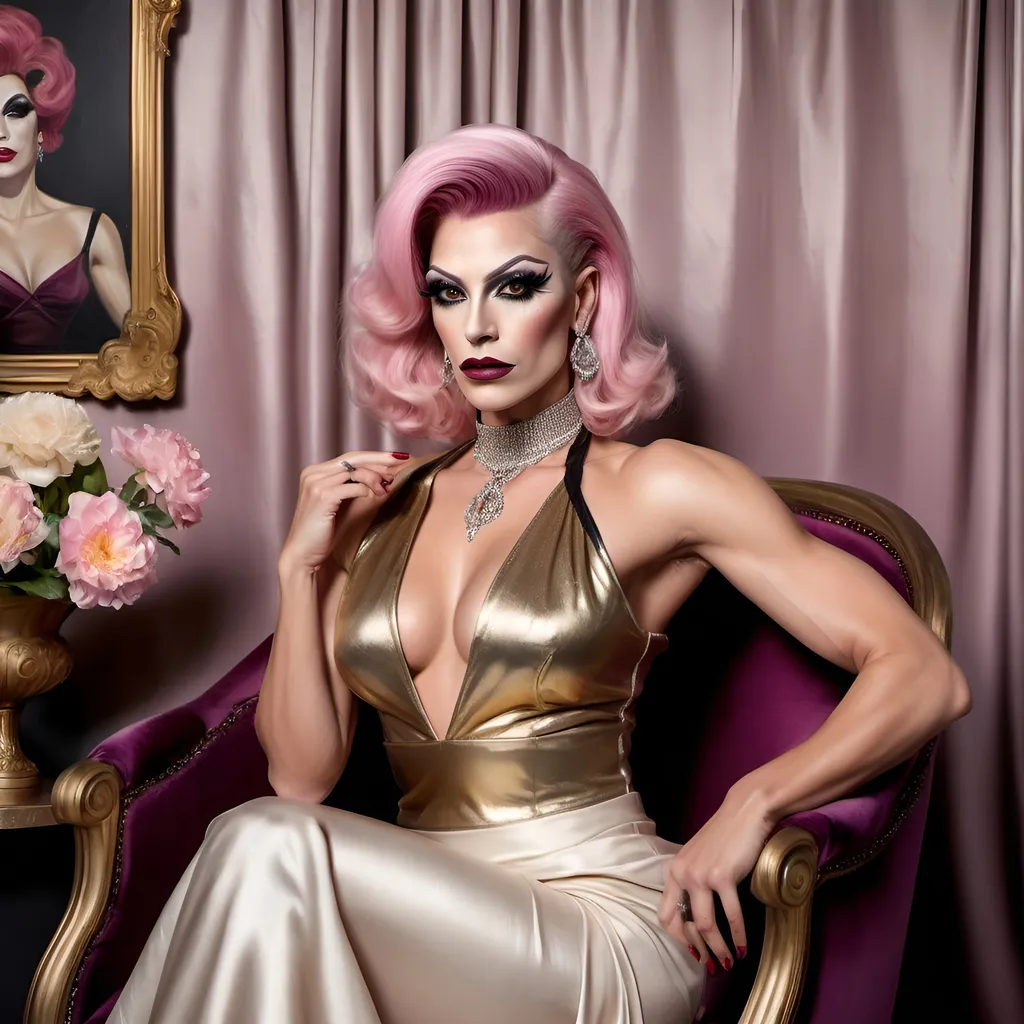 Prompt: oil painting of beautiful muscular 35-year-old Slovic drag queen (dark eyeshadow and dark red lipstick) wearing an (elegant sleeveless golden blouse,  black choker, diamond ring), and (off-white fancy skirt, fancy platinum pink hairstyle), sitting on armchair near a perfectly designed room with aesthetic wall and plum curtain, vase with flowers near the woman (close up shot) , good composition 