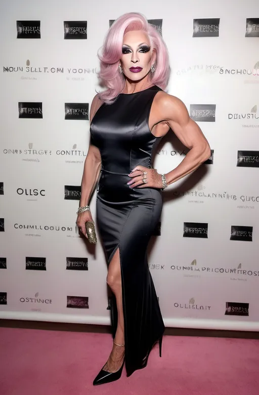 Prompt: (sultry figure), athletic 55-year-old drag queen, grey eyes, platinum pink hair, olive skin tone, 6'5" tall, muscular physique, dark eye makeup, dark lipstick, attending a charity gala, wearing an (black satin slip dress), sophisticated 8 inch stiletto heels, matching clutch, glamorous atmosphere, (elegant lighting), opulent venue, chic decorations, captivating ambiance, high detail, 4K quality, striking beauty.