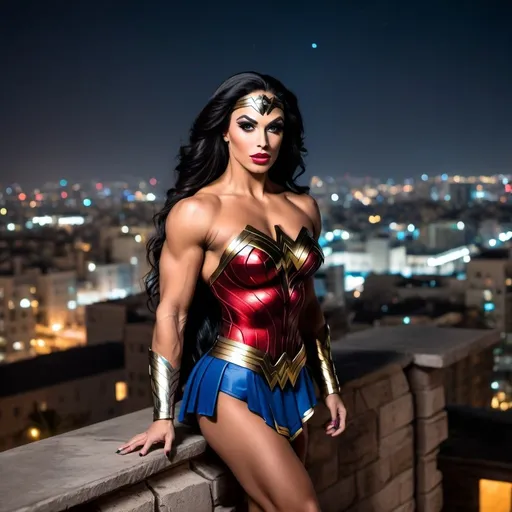 Prompt: Gorgeous ultra-muscular 25-year-old Israeli drag queen bodybuilder with huge busom and long flowing black hair, dressed as Wonder Woman (DC Comics Character), standing on the ledge of a building at night.