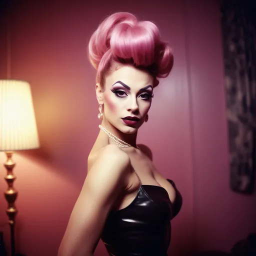 Prompt: photorealistic, (Holga photography), gorgeous ultra-muscular 25-year-old Russian drag queen businesswoman with long pink updo hair, drak eyeshadow and dark red lipstick,  (flirty expression), (playful pose), full body, low-fidelity dreamy aesthetic, soft light flare, analog photography style, vintage charm, grainy texture, warm tones, stylish attire, evoking authority and elegance, reminiscent of classic business imagery, capturing a moment of confidence, (low quality), ideal for a striking portfolio or profile shot, perfect blend of retro and modern vibes.