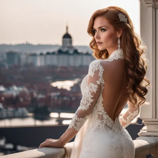 Prompt: Gorgeous ultra-muscular 25-year-old Finnish goddess bodybuilder with huge busom and ridiculously long wavy auburn hair wearing an elegant white wedding dress, standing on the balcony of her luxurious mansion overlooking the city skyline. She has soft makeup and hair styled into loose waves with bangs. The gown features delicate lace detailing along its bodice and halter neckline, complemented by sheer sleeves that accentuate her figure's curves. Her pose is confident yet graceful as she gazes out at the horizon, embodying grace and elegance in timeless beauty in the style of a classic painting