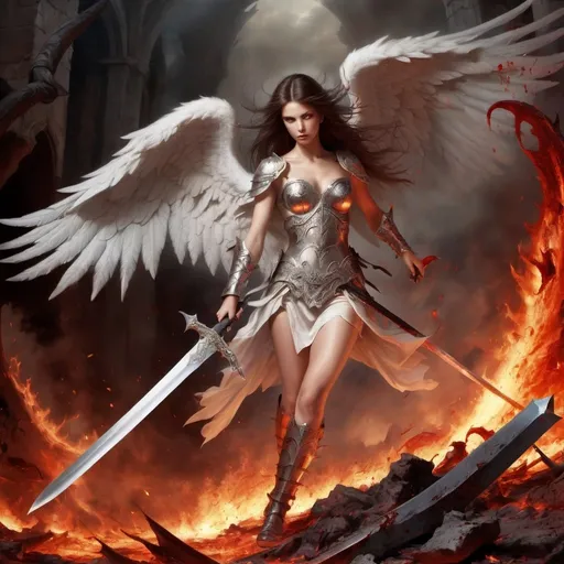 Prompt: Gorgeous angel warrior fighting her way through hell with only a large sword. Bloody demon hoard in background. 