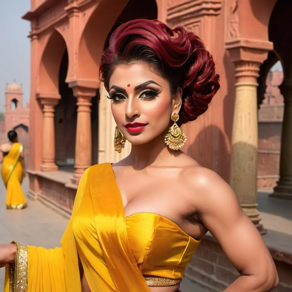 Prompt: Gorgeous ultra-muscular 25-year-old Pakistani drag queen bodybuilder with short dark red updo hairstyle wearing a Yellow saree with hot bose and 8 inch stiletto high heel shoes. Posing at The Walled City of Lahore.