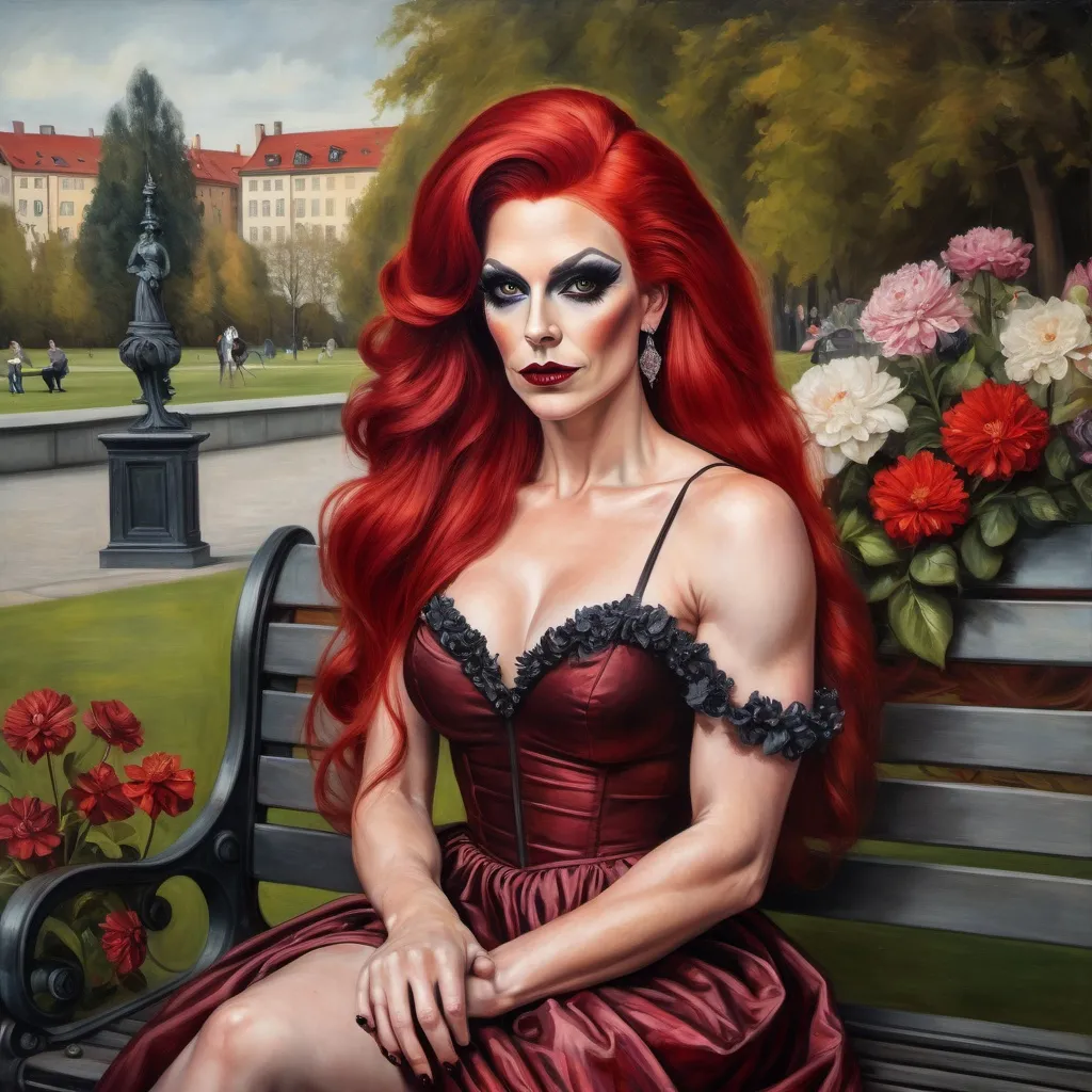 Prompt: Painting of a gorgeous muscular 35-year-old Swedish drag queen with dark eyeshadow,  dark red lipstick, and long red hair, sitting on a bench in a park wearing a dress with flowers, renaissance oil painting, a painting