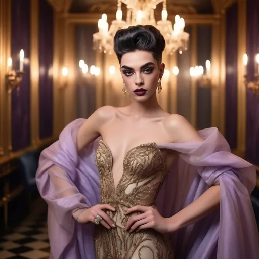 Prompt: Elegant 19-year-old French drag queen (with strong masculine jawline and brow facial features), adorned in a flowing gown that sways gracefully, radiating poise and sophistication, set against a softly blurred opulent background filled with twilight colors, exuding an atmosphere of charm and allure, high fashion portrait, ultra-detailed, luxurious textures, warm golden lighting, capturing the essence of elegance in every detail.