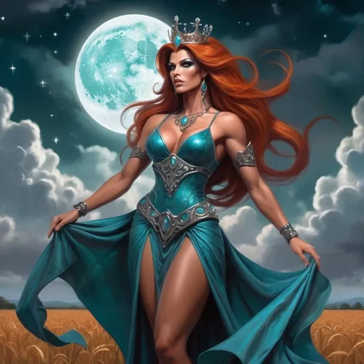 Prompt: The Queen Of Time And Space, a gorgeous muscular drag queen (with strong masculine facial features), Dark orange hair and big busom, in a Teal dress standing in a field of clouds and stars with a full moon behind her, Anne Stokes, fantasy art, epic fantasy character art, concept art