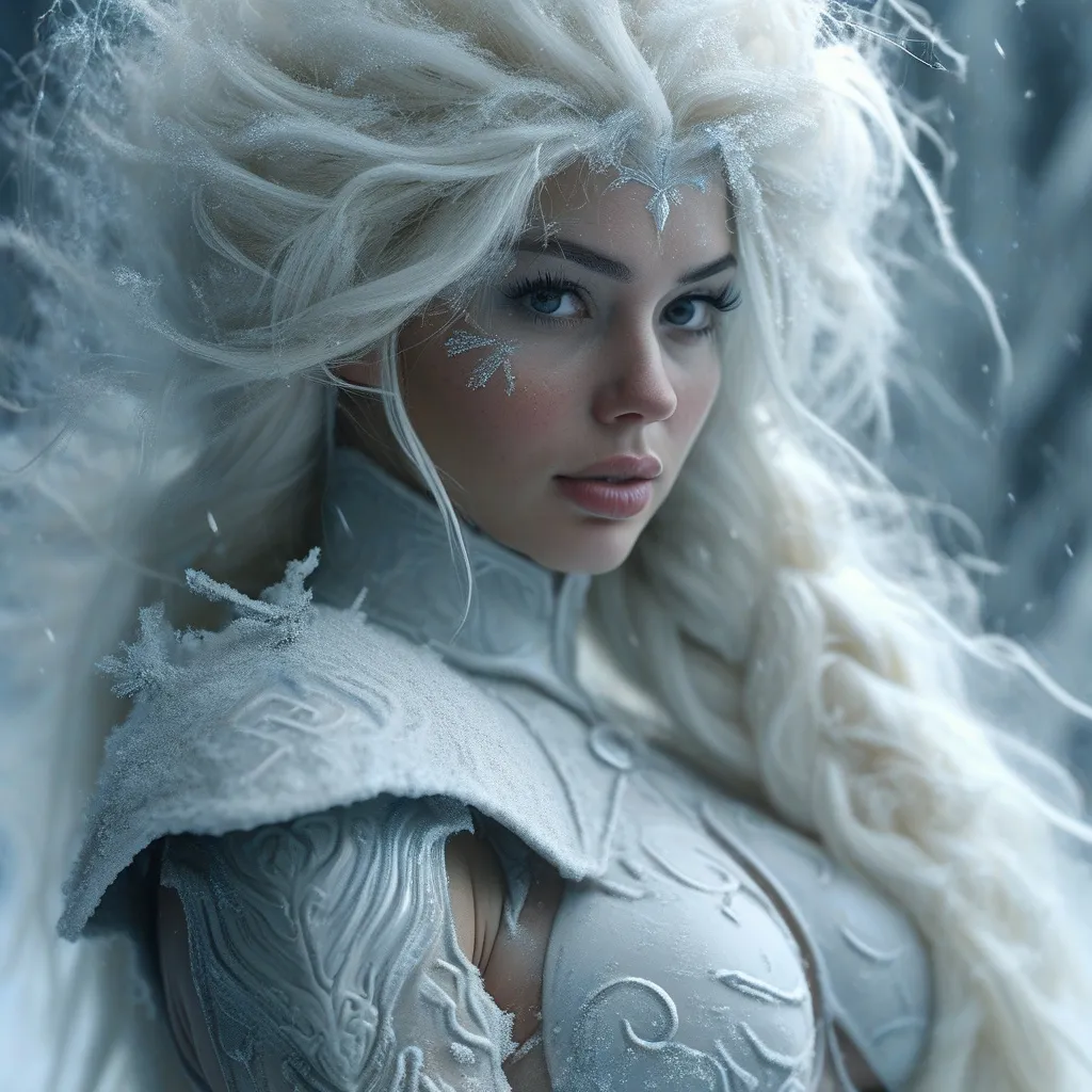 Prompt: Snow swirling, creating a gorgeous Ice goddess with muscular physique, well endowed, and ridiculously long icy hair, minimalistic, sleek