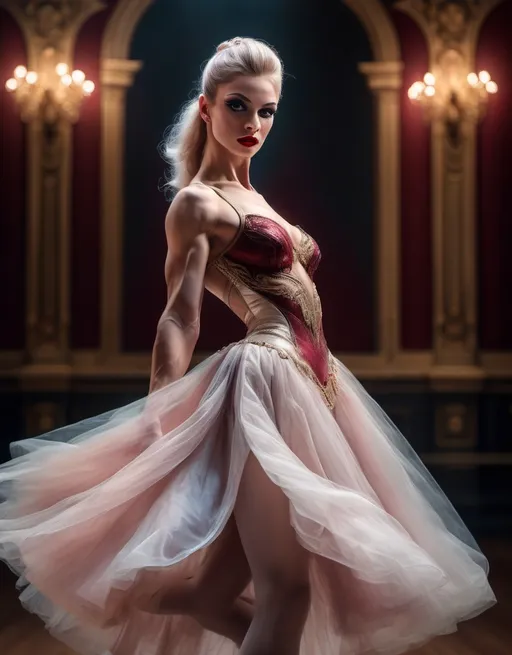 Prompt: Breathtaking ballet solo in a grand theater, elegant gorgeous ultra-muscular 25-year-old Norwegian drag queen ballerina bodybuilder in motion, muscular physique,  fine art oil painting, intricate costume details, dark eyeshadow, Heavy mascara,  dark red lipstick, graceful movements captured in high definition, classical art style, soft pastel hues, ethereal and dreamy lighting, 4k, oil painting, ballet solo, grand theater, elegant motion, intricate details, high definition, classical art, soft pastel hues, ethereal lighting