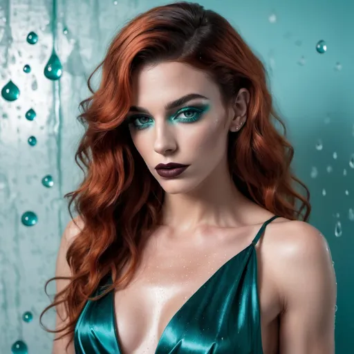 Prompt: The image is a full body portrait of a gorgeous muscular 25-year-old French transwoman with dark orange wavy hair, dark eyeshadow,  and dark lipstick (with strong masculine jawline and brow) posing in a teal satin dress. She is standing in front of a white wall with water droplets cascading down it. The dress is made of a shiny, satin-like material and has a high neckline with a lace overlay. The drag queen is wearing large, dangling earrings. She has a gold clutch in her hand and is looking directly at the camera with a serious expression. The overall mood of the image is elegant and sophisticated.