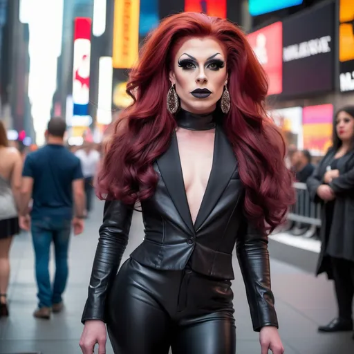 Prompt: Gorgeous masculine 25-year-old Czechian drag queen with long dark red hair wearing a mix of men's and women's clothes. 8 inch stiletto high heel shoes.  Dark eye makeup and dark lipstick.  Location: Time Square.