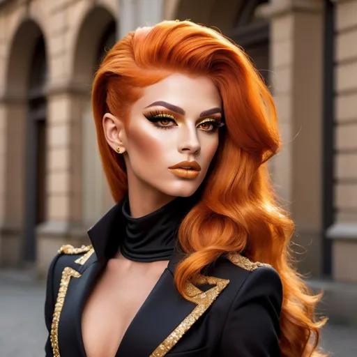 Prompt: "A gorgeous muscular 18-year-old Austrian drag queen with striking orange hair and brown eyes that shimmer with a golden hue. She has a sharp, regal face (strong masculine jaw and brow) and an air of authority. Known as the 'Golden Dutchess,' she is tall and muscular, exuding confidence and refinement. Dressed in a tailored noble coat with intricate detailing, she stands in a grand hall, her demeanor poised yet guarded, hinting at a troubled past beneath her polished exterior."