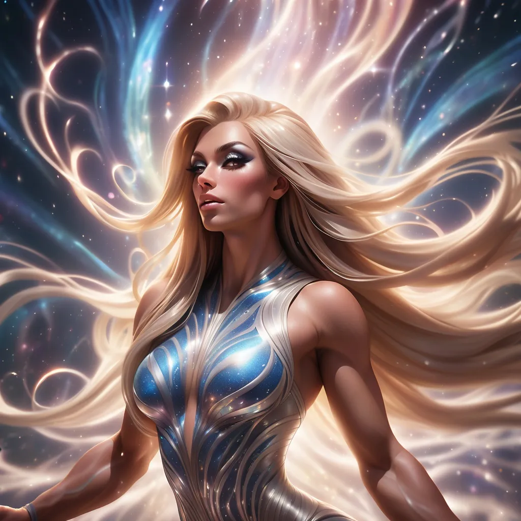 Prompt: A gorgeous ultra-muscular 25-year-old Czechian drag queen bodybuilder with very long straight shiny hair, bathed in ethereal light, surrounded by swirling patterns reminiscent of turbulent winds and celestial bodies. Within the chaos, there is a sense of calm determination in the subject's expression as they gaze upwards towards a distant point of light, representing their journey through adversity ("Per Aspera") towards the lofty heights of their aspirations ("ad Astra").