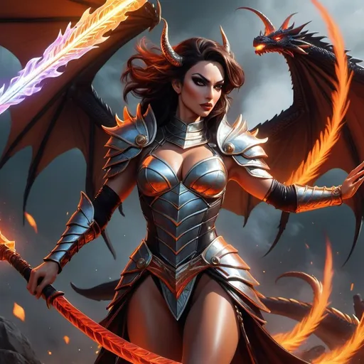 Prompt: Gorgeous ultra-muscular 45 years old Italian drag queen, Ultra detailed illustration painting of a luminous, gorgeous, angry, and enchanting humanoid dragongirl with dark hair wielding a mystical spear in battle. She is fit, toned, lean, and very muscular, large dragons wings, and a long tail. Her feet are clawed like dragons feet and her skin has slight scaly aspect to it. She is shouting in rage, the back of her mouth lit with an ambient fiery glow. Glowing red eyes, and wisps of smoke rise from her nostrils. Dynamic pose, anime-style female armor, realm enviroment, close mid shot, rule of thirds depth of field intricate details, concept art, subtle colors, fantastical realm, extremely detailed, ultra sharp focus, light particles, attention to detail, grandeur and awe, cinematic, stunning visual masterpiece, double exposure, 8k, photorealistic, strong outlines, cinematographic scene,