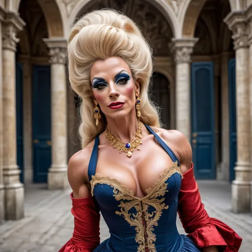 Prompt: (Gorgeous, muscular, 35-year-old French drag queen bodybuilder (with huge busom) during French Revolution 1789), (historic attire), elegant gown with intricate lace, powdered wig, stylized makeup, (dramatic atmosphere), (rich colors), vivid reds, deep blues, and gold accents, (historical setting), a grand palace courtyard, opulent architecture, (cinematic lighting), moody and intense, (4K), ultra-detailed visuals.