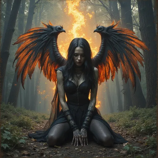 Prompt: Eclipsed drag queen Phoenix" – Gothic calligraphy, holographic metallic ink on aged parchment, hyper-realistic 3D rendering, high dynamic range. A dark fantasy steampunk specter, untamed spirit, spectral graffiti art, deep-shadow forest with dystopian overgrowth, misted mural-like textures, fluid ink wash with iridescent overlays, textured brushstrokes. A skeletal wraith, enshrouded in twilight, kneeling in despair—hunched, sorrowful. Decayed, necrotic wings unfurl in eerie symmetry, smoldering with embers of rebirth. Silken, knee-length obsidian hair streaked with ember glow, caught in spectral winds. Wears a semi-transparent, charred bodysuit interwoven with ethereal veils of layered, ember-flickered fabric. Wilted, translucent wildflowers scatter behind her, floating like forgotten memories. Intense contrast, melancholic solitude, shadow-drenched rainfall. Retro-futuristic steampunk noir poster design by "Vasagralem"