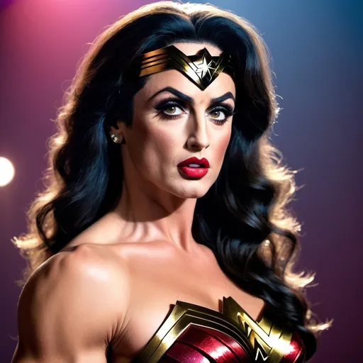 Prompt: Sylvester Stallone dressed as a 25-year-old gorgeous drag queen Wonder Woman.