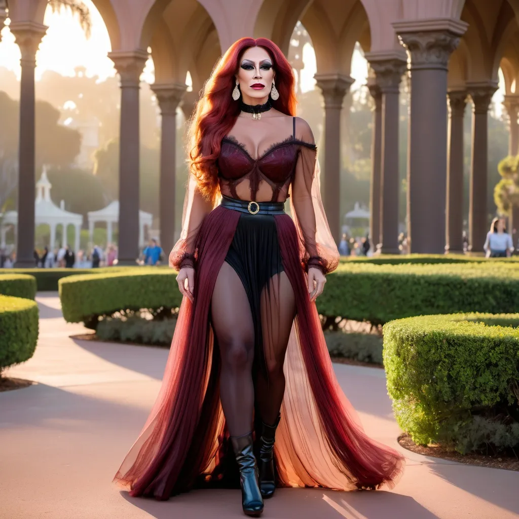 Prompt: Gorgeous muscular 35-year-old Czechian drag queen with long feathered dark red hair, walking at sunset in San Diego Balboa Park wearing a sheer see through blouse with a long sheer skirt and boots, hair up in a bun, with a choker necklace on, looking to side solemn expression, naughty Victorian style