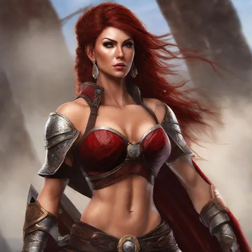 Prompt: Tall, gorgeous, ultra-muscular muscular, 25 year old goddess, (masterpiece:1.2, best quality:1.2, high quality, highres:1.1), (Best Quality), ((Photo Realistic)), (Full body portrait), ((Professional photography)), Norwegian warrior queen, layered dark red hair, black eye shadow, dark red lips, huge busom, intricate armored battle dress, thigh-high 8 inch stiletto high heel boots, ((intense metal reflections)), outdoors, gold, angelic armor and leather, professional lighting, blurry background, soft focus