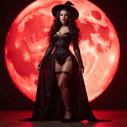 Prompt: a gorgeous muscular 25-year-old Romanian drag queen bodybuilder in a witches costume standing in front of a full moon, promotional art, strong red hue, ign, (dark long curly hair), heavily upvoted, inspired by Greg Staples, bright red, wearing corset, 8 inch stiletto high heel shoes.