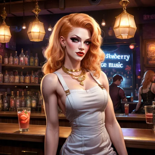 Prompt: A late night music venue. Muscular early 20s attractive strawberry-blonde bartender drag queen in a short dress,  pinafore square neckline, gold necklace, late night nightclub, game-rpg fantasy style, detailed character design, atmospheric lighting, urban fantasy, late-night setting, highres, detailed, fantasy, RPG, cluttered background, striking appearance, intense and dramatic lighting