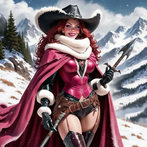 Prompt: A hi-res 8k hd digital photograph of a proud gorgeous rugged drag queen cowgirl with huge busom in winter snowy mountains. She is wearing a dark pink cloak lined with fur and a scarf over metal armor. She has ridiculously long wavy dark red hair and a black cowboy hat. She is holding a halberd. It is snowing and windy. She is smiling. Cowboy hat.