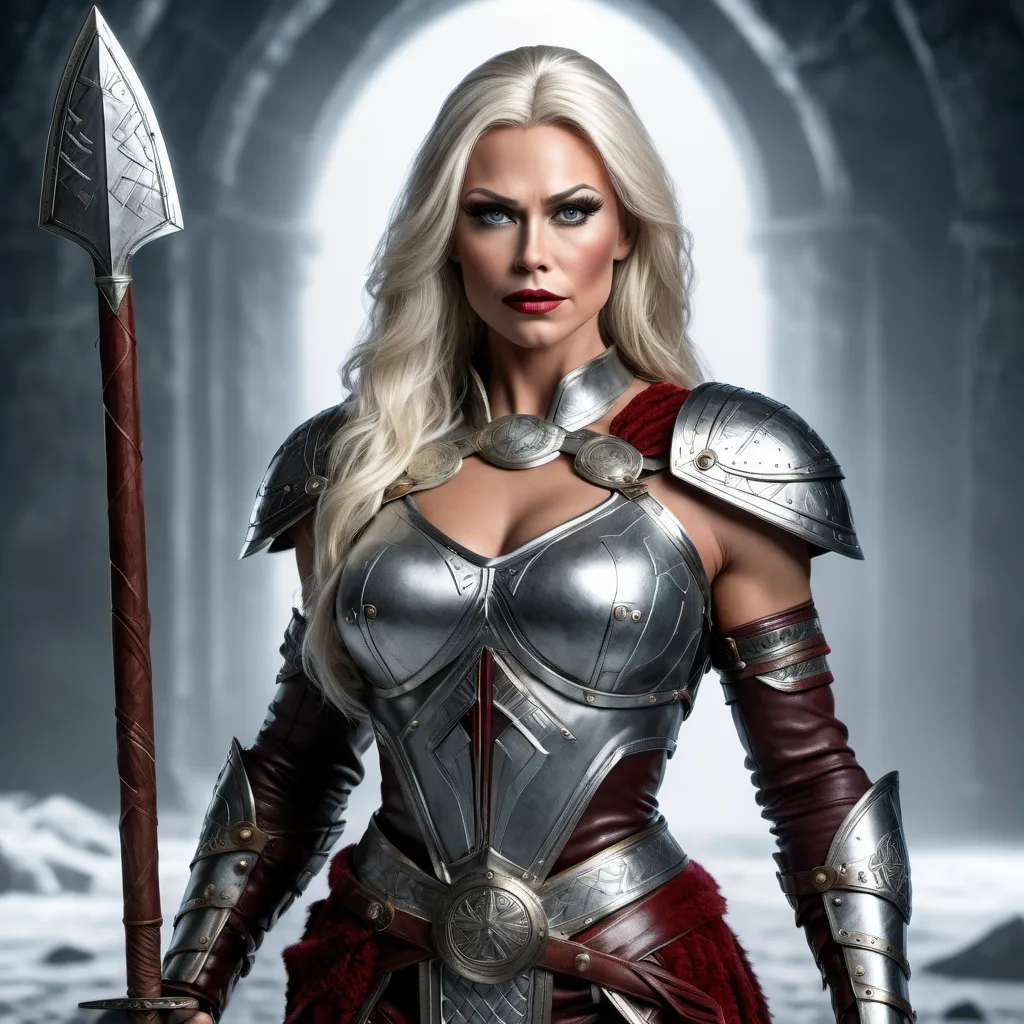 Prompt: Generate a highly photorealistic portrait full body shot of a gorgeous muscular 35-year-old Viking Valkyrie drag queen (strong masculine jawline and brow features) with large busom, holding a magical spear, silvery viking armor with runes, dark red lipstick, thick legs, over knee boots. She is looking down while standing. She is standing in an ancient Viking city.