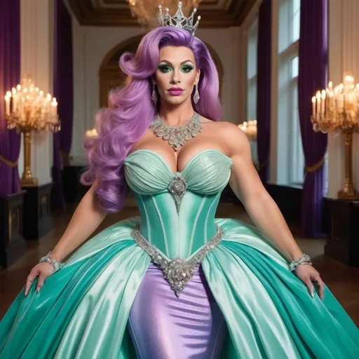 Prompt: Hyper realistic image of a Gorgeous muscular 25-year-old German drag queen bodybuilder with huge busom, dressed up as Ariel, dressed as a queen wearing a floor-length ball gown in her iconic seafoam-green and ombre purple. The dress should be elegant and regal with detailing on the skirt.